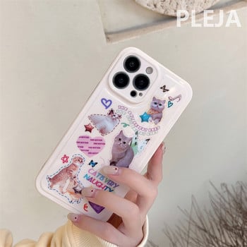 Ins Kawaii Котешки стикери Калъф за телефон за iPhone 14 Plus 11 12 13 Pro Max 14 Pro Cover Сладки анимационни защитни калъфи Силиконови Funda