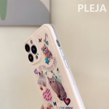 Ins Kawaii Котешки стикери Калъф за телефон за iPhone 14 Plus 11 12 13 Pro Max 14 Pro Cover Сладки анимационни защитни калъфи Силиконови Funda