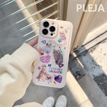 Ins Kawaii Котешки стикери Калъф за телефон за iPhone 14 Plus 11 12 13 Pro Max 14 Pro Cover Сладки анимационни защитни калъфи Силиконови Funda