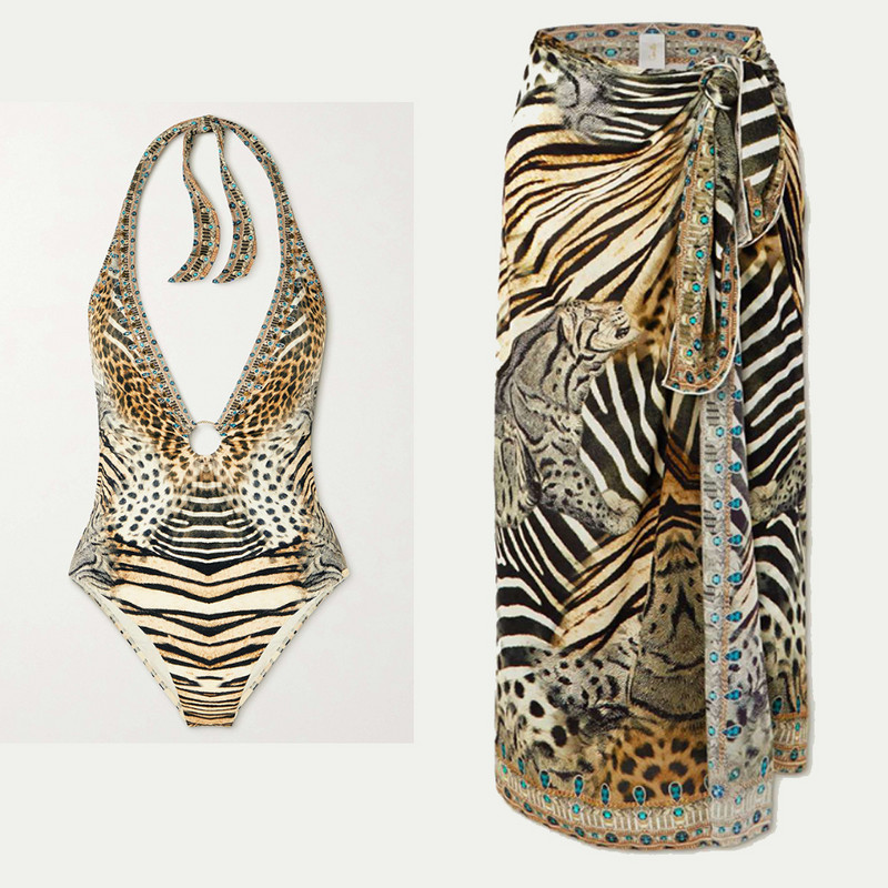 Női retro fürdőruha Deep V Leopard Print Nyaralás Strandruha Fürdőruha Szoknya Tervező fürdőruha Nyári szörföltözet