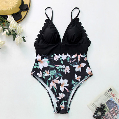 2022. Ženski jednodijelni kupaći kostim s volanima, seksi duboki V podesivi kupaći kostim s printom lišća, patchwork odjeća za plažu 2XL