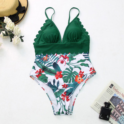 2022. Ženski jednodijelni kupaći kostim s volanima, seksi duboki V podesivi kupaći kostim s printom lišća, patchwork odjeća za plažu 2XL