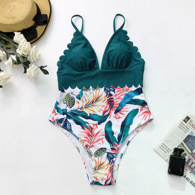 2022. Ženski jednodijelni kupaći kostim s volanima, seksi duboki V podesivi kupaći kostim s printom lišća, patchwork odjeća za plažu 2XL