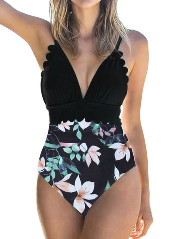 2022. Ženski jednodijelni kupaći kostim s volanima, seksi duboki V podesivi kupaći kostim s printom lišća, patchwork odjeća za plažu 2XL