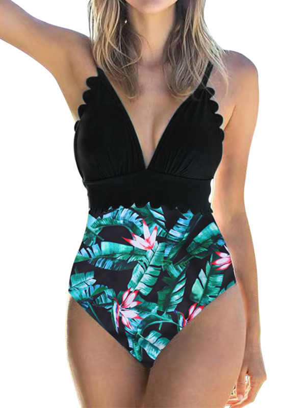 2022. Ženski jednodijelni kupaći kostim s volanima, seksi duboki V podesivi kupaći kostim s printom lišća, patchwork odjeća za plažu 2XL