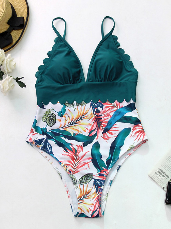 2022. Ženski jednodijelni kupaći kostim s volanima, seksi duboki V podesivi kupaći kostim s printom lišća, patchwork odjeća za plažu 2XL