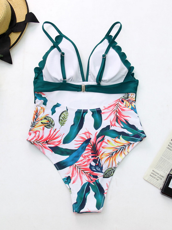 2022. Ženski jednodijelni kupaći kostim s volanima, seksi duboki V podesivi kupaći kostim s printom lišća, patchwork odjeća za plažu 2XL