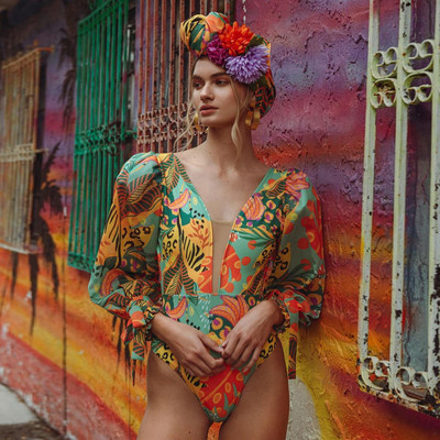 Retro kupaći kostim Ženski modni komplet bikinija s printom 2022. Jednodijelni kupaći kostim dugih rukava V-izrez Ljetna odjeća za plažu Seksi bez leđa