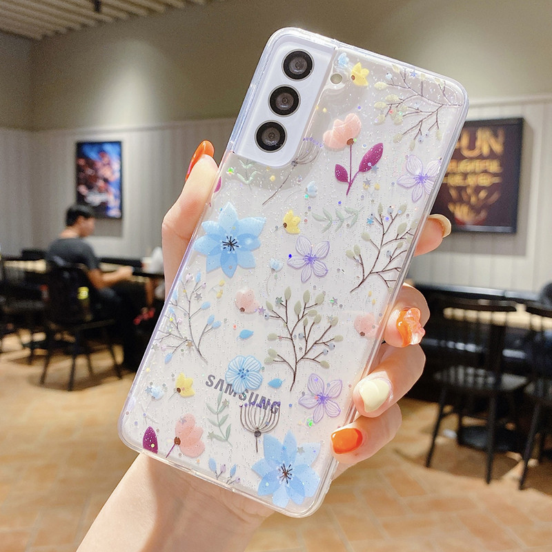 за Samsung Galaxy S22 S21 FE S20 Ultra Plus A13 A53 A73 A33 5G A52S A72 Case Real Dry Flower Anti-scratch Glitter Epoxy Cover