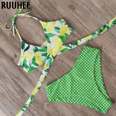 RUUHEE Bandage Bikini 2020 Γυναικείο μπικίνι halter Top μαγιό δύο τεμαχίων Ψηλόμεσο μαγιό εμπριμέ μπικίνι καλοκαιρινό σετ μαγιό