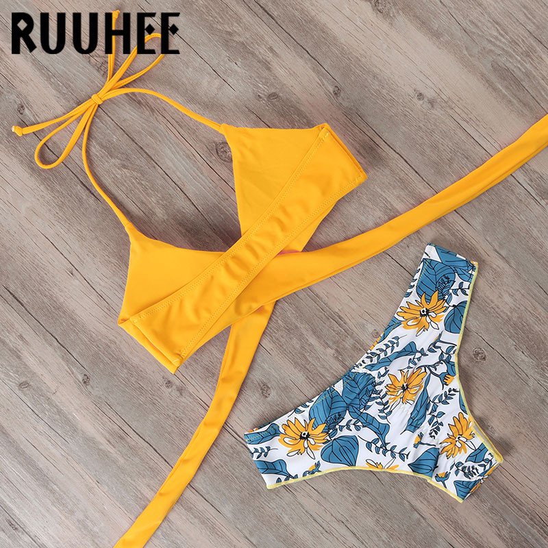 RUUHEE Bandage Bikini 2020 Γυναικείο μπικίνι halter Top μαγιό δύο τεμαχίων Ψηλόμεσο μαγιό εμπριμέ μπικίνι καλοκαιρινό σετ μαγιό