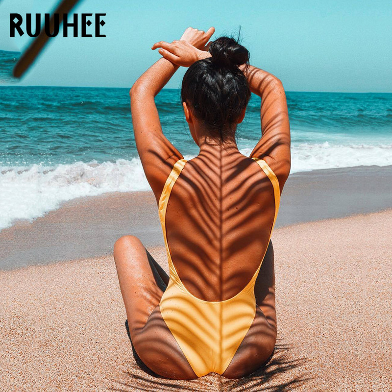 RUUHEE 2021 Női fürdőruha egyrészes fürdőruha cipzárral nyomtatott tömör csíkos úszóruha Body Monokini fürdőruha női