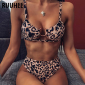 RUUHEE 2020 bikini fürdőruha női leopárd fürdőruha Hollow Out bikini szett párnázott fürdőruha szexi magas derekú strandruha biquini