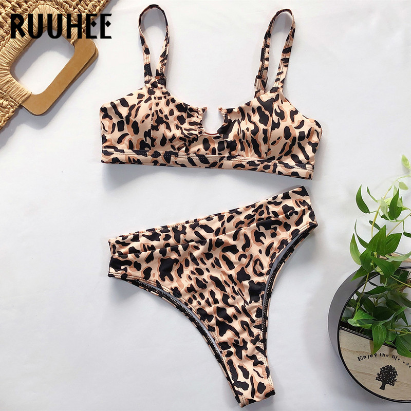 RUUHEE 2020 bikini fürdőruha női leopárd fürdőruha Hollow Out bikini szett párnázott fürdőruha szexi magas derekú strandruha biquini