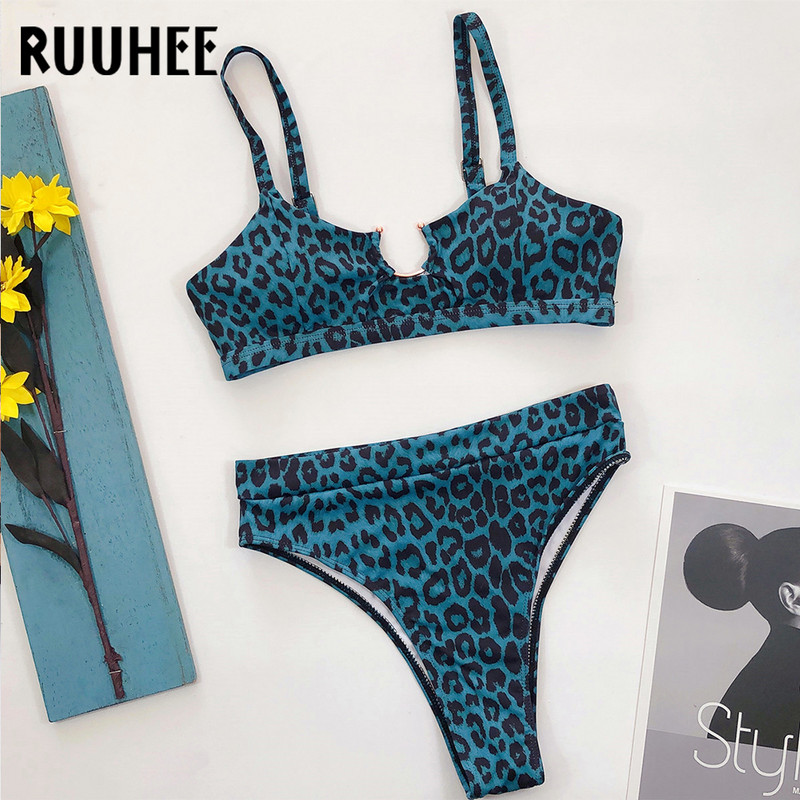 RUUHEE 2020 bikini fürdőruha női leopárd fürdőruha Hollow Out bikini szett párnázott fürdőruha szexi magas derekú strandruha biquini