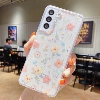 Моден прозрачен мек TPU калъф с блясък на цветя за Samsung Galaxy S22 S21 S20FE Plus Note 20 Ultra A73 A22 A32 A53 A72 A42 A13 Cover