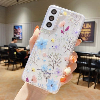 Моден прозрачен мек TPU калъф с блясък на цветя за Samsung Galaxy S22 S21 S20FE Plus Note 20 Ultra A73 A22 A32 A53 A72 A42 A13 Cover