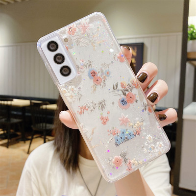 Моден прозрачен мек TPU калъф с блясък на цветя за Samsung Galaxy S22 S21 S20FE Plus Note 20 Ultra A73 A22 A32 A53 A72 A42 A13 Cover