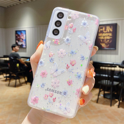 Моден прозрачен мек TPU калъф с блясък на цветя за Samsung Galaxy S22 S21 S20FE Plus Note 20 Ultra A73 A22 A32 A53 A72 A42 A13 Cover