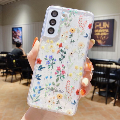Моден прозрачен мек TPU калъф с блясък на цветя за Samsung Galaxy S22 S21 S20FE Plus Note 20 Ultra A73 A22 A32 A53 A72 A42 A13 Cover