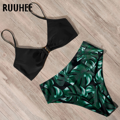 RUUHEE 2021 m. maudymosi kostiumėlių bikinio rinkinys, moteriškas aukšto juosmens bikinis su gėlėmis margintu leopardo lapų kvadratiniu mygtuku, maudymosi kostiumėlio maudymosi kostiumėliu