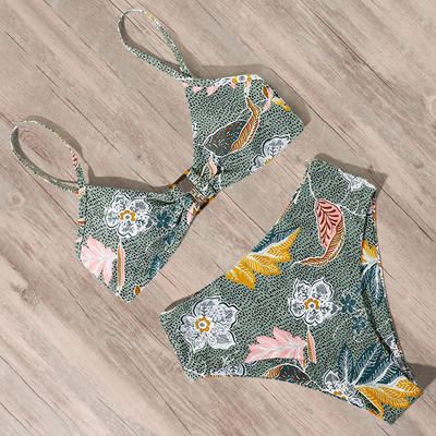 RUUHEE 2021 m. maudymosi kostiumėlių bikinio rinkinys, moteriškas aukšto juosmens bikinis su gėlėmis margintu leopardo lapų kvadratiniu mygtuku, maudymosi kostiumėlio maudymosi kostiumėliu