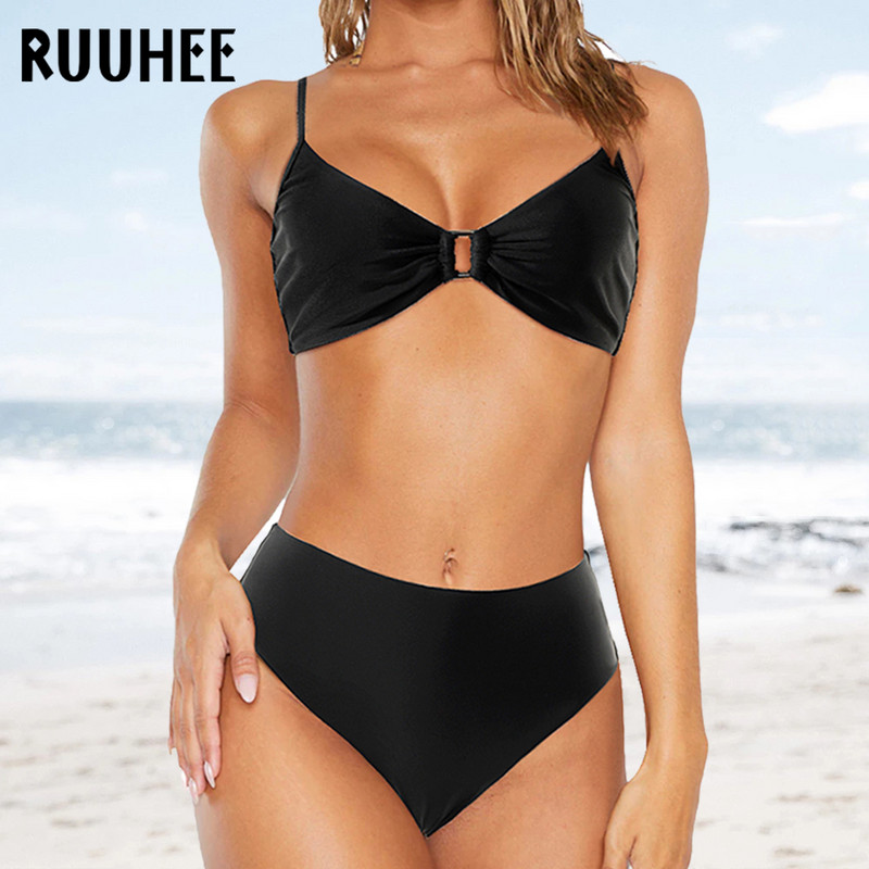 RUUHEE 2021 m. maudymosi kostiumėlių bikinio rinkinys, moteriškas aukšto juosmens bikinis su gėlėmis margintu leopardo lapų kvadratiniu mygtuku, maudymosi kostiumėlio maudymosi kostiumėliu