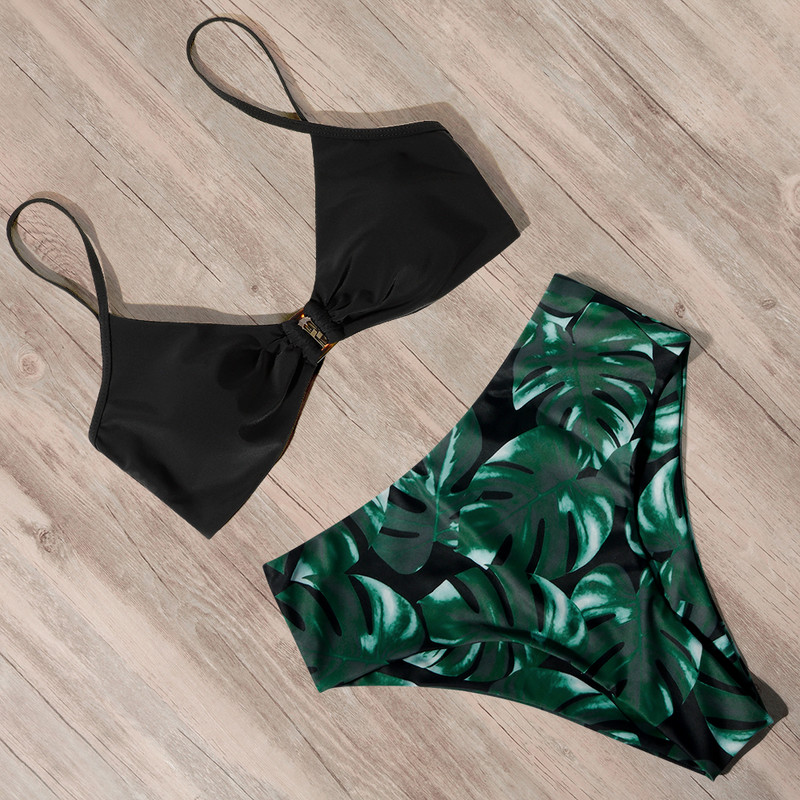 RUUHEE 2021 m. maudymosi kostiumėlių bikinio rinkinys, moteriškas aukšto juosmens bikinis su gėlėmis margintu leopardo lapų kvadratiniu mygtuku, maudymosi kostiumėlio maudymosi kostiumėliu