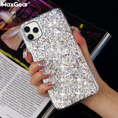 Блестящ калъф за телефон за iPhone 13 12 11 14 Pro Max Луксозен мек епоксиден кристален капак за iPhone XR XS 6 7 8 Plus SE пайети Fundas