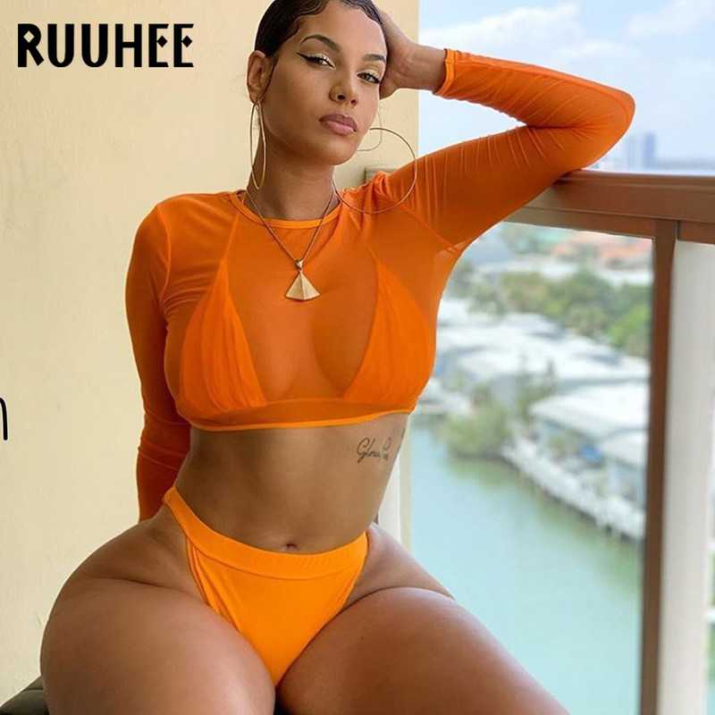 RUUHEE 3 Τεμάχια Μπικίνι Μαγιό Halter Αντηλιακό Μαγιό Μπικίνι Σετ Ψηλοπόδι Push Up Σέξι γυναικείο μαγιό Μπικίνι παραλίας