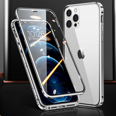 Husă de telefon magnetică din sticlă dublă cu cadru metalic pentru iPhone 14 13 12 11 Pro Max X XS 8 7 14 Plus 13 12Mini capac pentru lentile pentru cameră