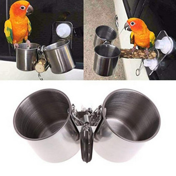Единична купа/двойна купа от неръждаема стомана Метална хранилка за птици за папагали Купа за хранене с храна и вода Клетка за домашни любимци Щипка Диспенсър за чаши Декорации