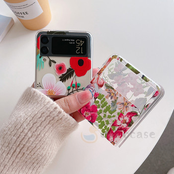 Ултра тънък калъф за телефон с принт на цветя за Samsung Z Flip 3 5G Cartoon Clear Hard PC Удароустойчив капак Z Flip 4 Z3 Z4 Funda Coque