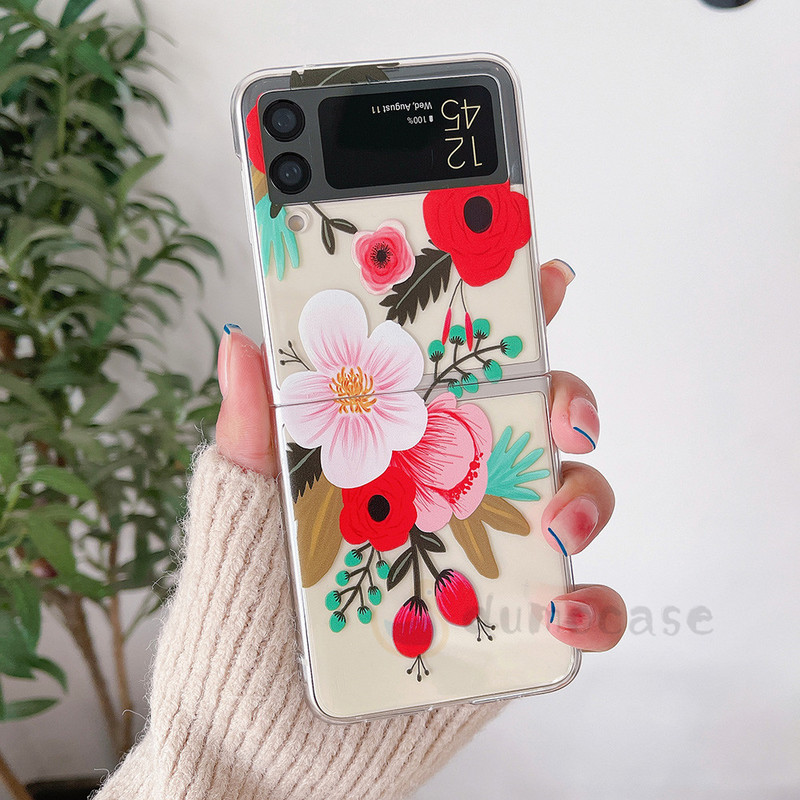 Ultra vékony virágnyomtatású telefontok Samsung Z Flip 3 5G Cartoon Clear Hard PC ütésálló borítóhoz Z Flip 4 Z3 Z4 Funda Coque