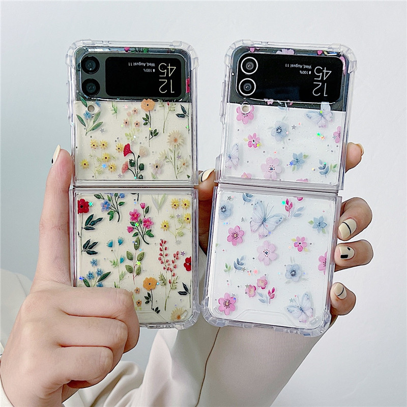 Cute Bling Glitter Fresh Flowers Αντικραδασμική πτυσσόμενη θήκη τηλεφώνου για Samsung Z Flip 4 5G Z Flip 3 Σκληρό κάλυμμα υπολογιστή Flip4 Flip3