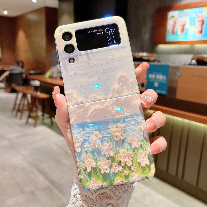 Luksuslik Korea laserõlimaali lilleline lilleline telefoniümbris Samsung Galaxy Z Flip 3 5G Z Flip3 Zflip3 läbipaistva kaanega Funda jaoks