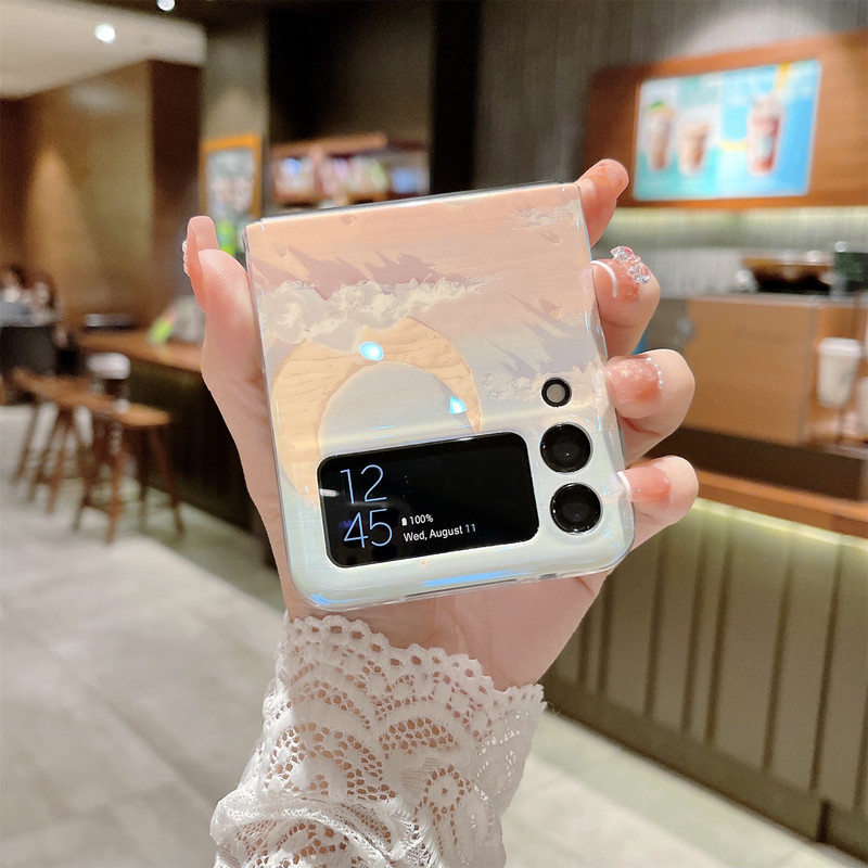 Luksuslik Korea laserõlimaali lilleline lilleline telefoniümbris Samsung Galaxy Z Flip 3 5G Z Flip3 Zflip3 läbipaistva kaanega Funda jaoks