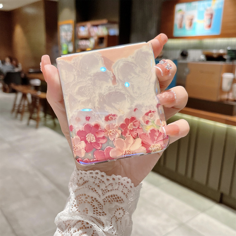 Luksuslik Korea laserõlimaali lilleline lilleline telefoniümbris Samsung Galaxy Z Flip 3 5G Z Flip3 Zflip3 läbipaistva kaanega Funda jaoks