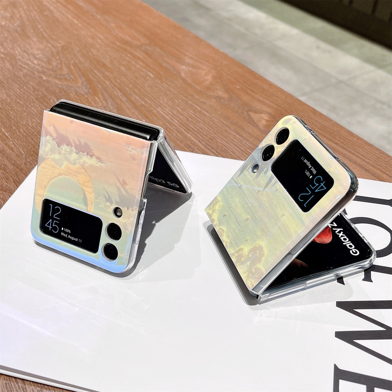 Luksuslik Korea laserõlimaali lilleline lilleline telefoniümbris Samsung Galaxy Z Flip 3 5G Z Flip3 Zflip3 läbipaistva kaanega Funda jaoks