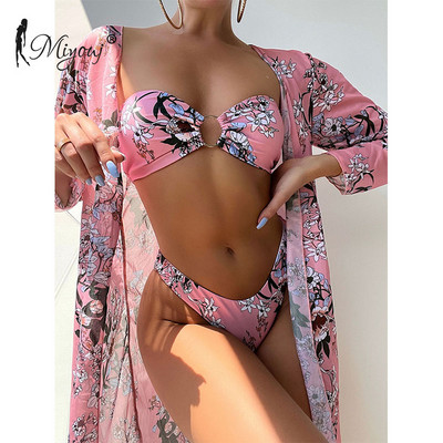 Miyouj kupaći kostim s cvjetnim uzorkom, visoki izrezani bikini bandeau kupaći kostim, ženski trodijelni kupaći kostim, ružičasti biquini ljetni pokrivač dugih rukava