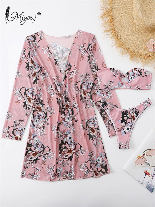 Miyouj kupaći kostim s cvjetnim uzorkom, visoki izrezani bikini bandeau kupaći kostim, ženski trodijelni kupaći kostim, ružičasti biquini ljetni pokrivač dugih rukava