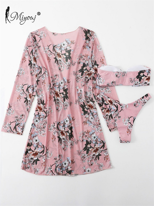 Miyouj kupaći kostim s cvjetnim uzorkom, visoki izrezani bikini bandeau kupaći kostim, ženski trodijelni kupaći kostim, ružičasti biquini ljetni pokrivač dugih rukava