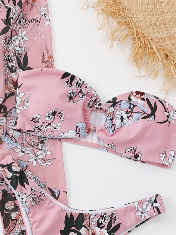 Miyouj kupaći kostim s cvjetnim uzorkom, visoki izrezani bikini bandeau kupaći kostim, ženski trodijelni kupaći kostim, ružičasti biquini ljetni pokrivač dugih rukava