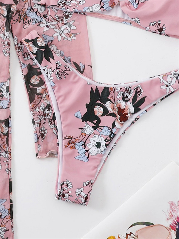 Miyouj kupaći kostim s cvjetnim uzorkom, visoki izrezani bikini bandeau kupaći kostim, ženski trodijelni kupaći kostim, ružičasti biquini ljetni pokrivač dugih rukava