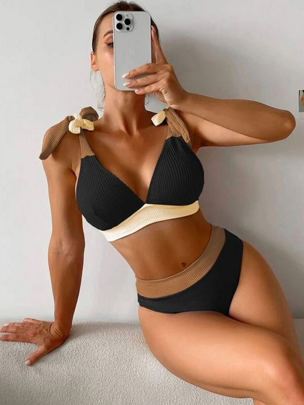 Miyouj rebrasti bikini Ženski kupaći kostim Patchwork bikini set Bandage Odjeća za plažu Kupaći kostimi s visokim strukom Brazilian Biquini kupaći kostim