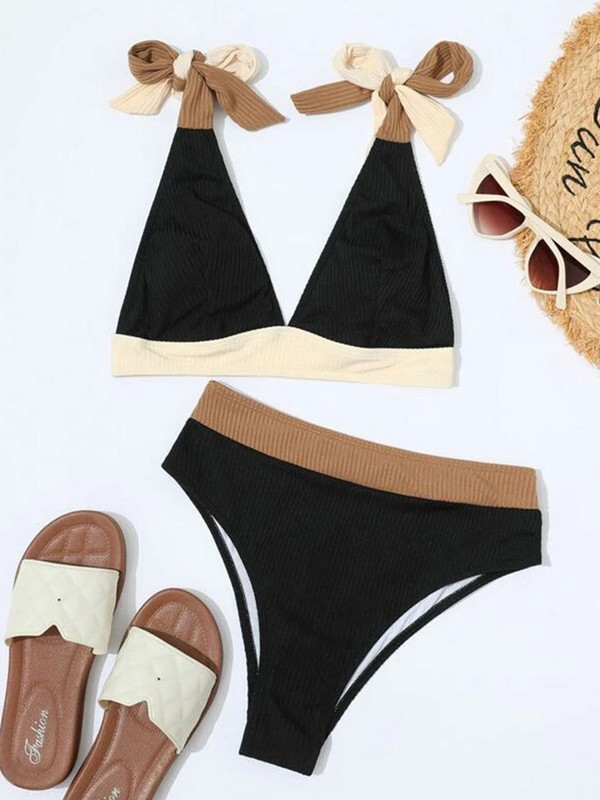 Miyouj rebrasti bikini Ženski kupaći kostim Patchwork bikini set Bandage Odjeća za plažu Kupaći kostimi s visokim strukom Brazilian Biquini kupaći kostim