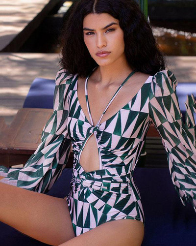 Σέξι Hollow Out μπικίνι Ολόσωμο μαγιό μακρυμάνικο μόδας εμπριμέ στάμπα μπικίνι Μαγιό Καλοκαιρινό εξώπλατο σέρφινγκ