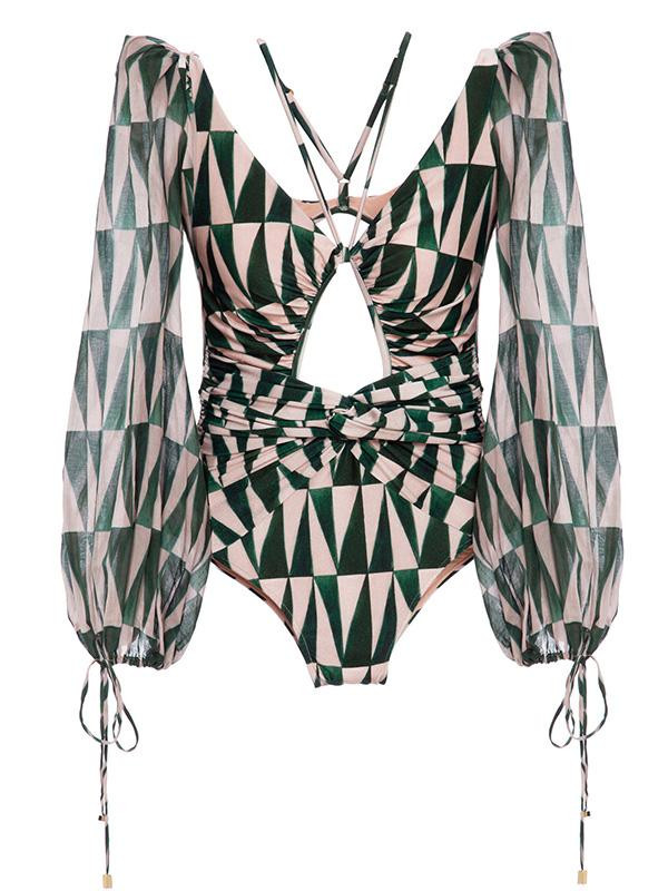 Σέξι Hollow Out μπικίνι Ολόσωμο μαγιό μακρυμάνικο μόδας εμπριμέ στάμπα μπικίνι Μαγιό Καλοκαιρινό εξώπλατο σέρφινγκ