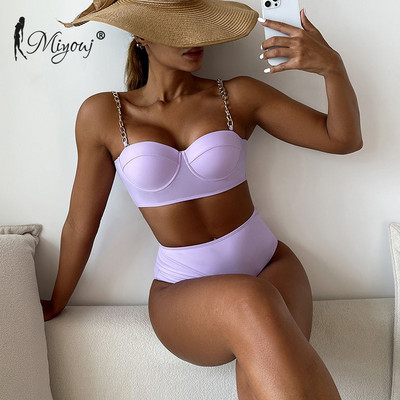 Miyouj Bikini cu talie înaltă Costum de baie Push Up Costum de baie cu lanț pentru femei Costum de baie solid mozaic Biquini brazilian Îmbrăcăminte de vară pentru plajă