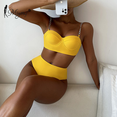 Miyouj Bikini cu talie înaltă Costum de baie Push Up Costum de baie cu lanț pentru femei Costum de baie solid mozaic Biquini brazilian Îmbrăcăminte de vară pentru plajă